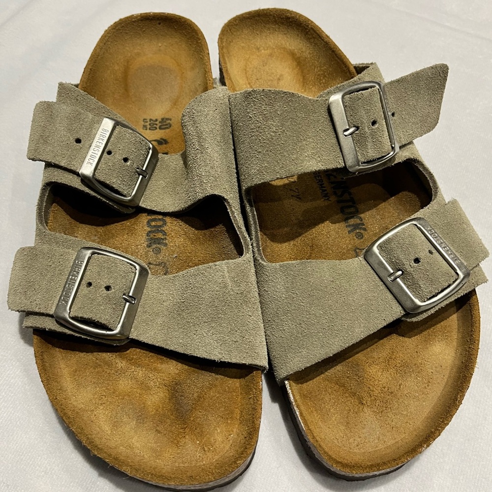 Birkenstock tan Suede Sandals with custom Silver Buckles